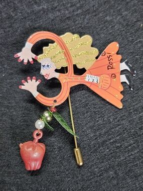 Whimsical Nina Rossi Teacher Brooch with Red Apple Charm